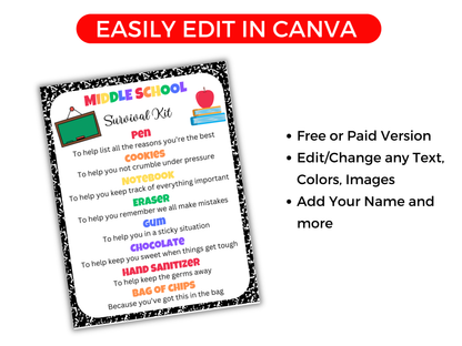 Editable Middle School Survival Kit Gift Tags