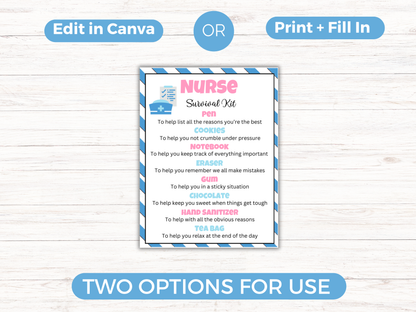 Editable Nurse Survival Kit Gift Tags