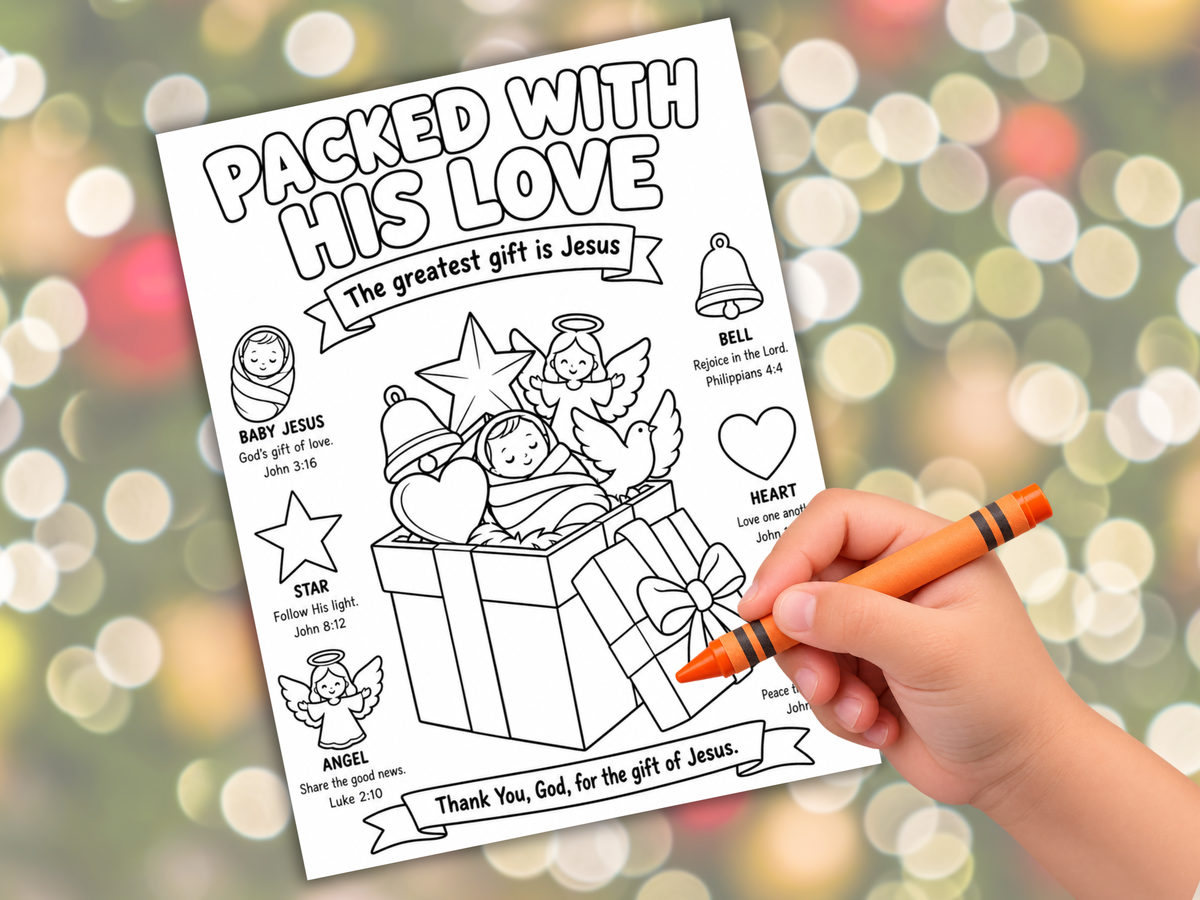 Packed with His Love Christian Christmas Coloring Page