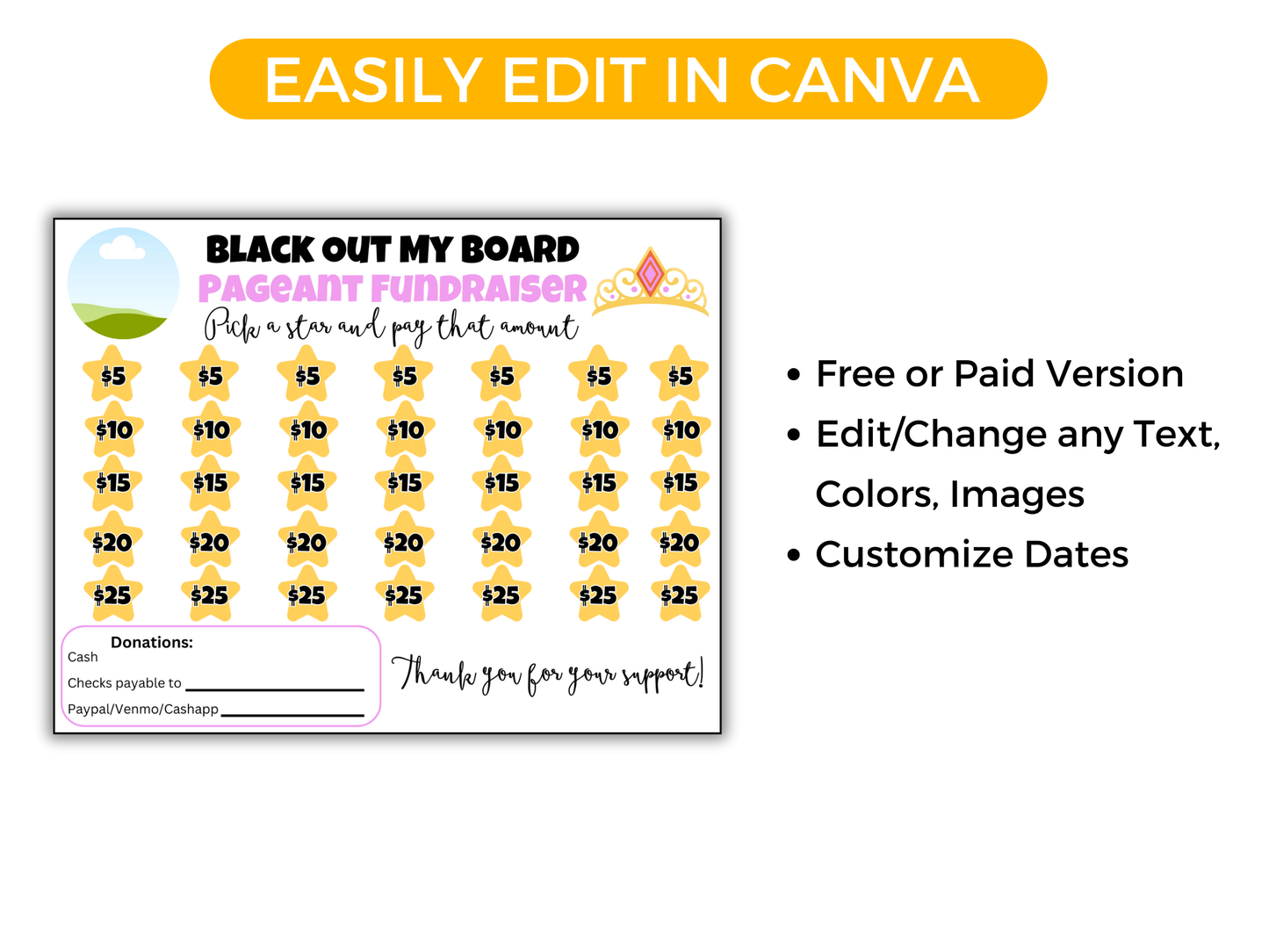 Editable Pageant Black Out My Board Fundraiser