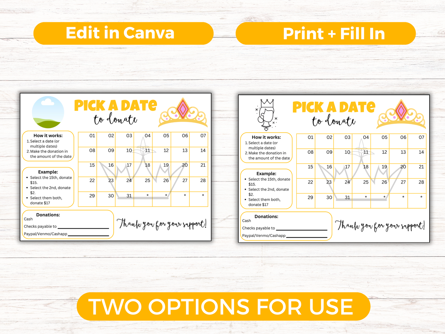 Editable Pageant Pick A Date Donation