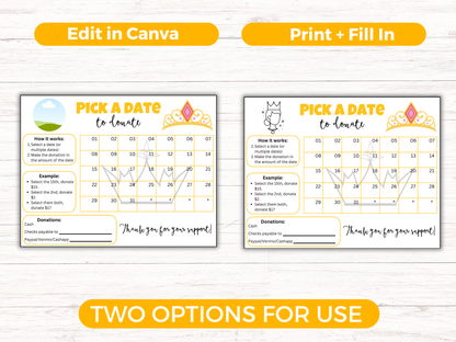 Editable Pageant Pick A Date Donation