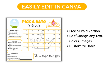 Editable Pageant Pick A Date Donation