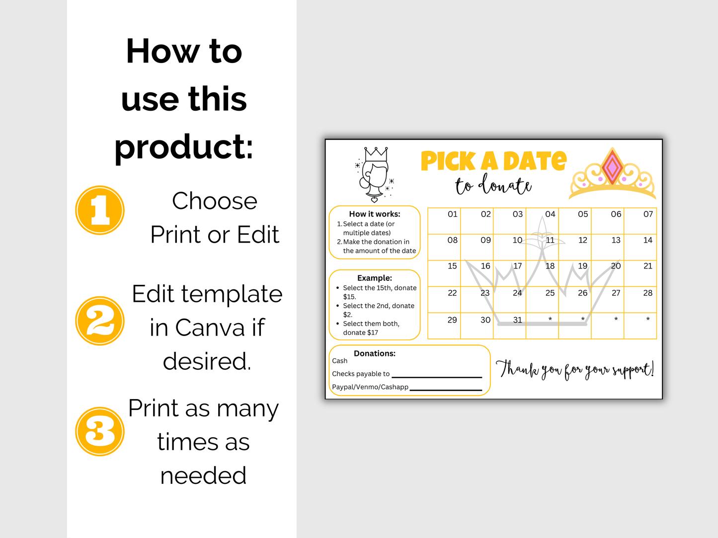 Editable Pageant Pick A Date Donation