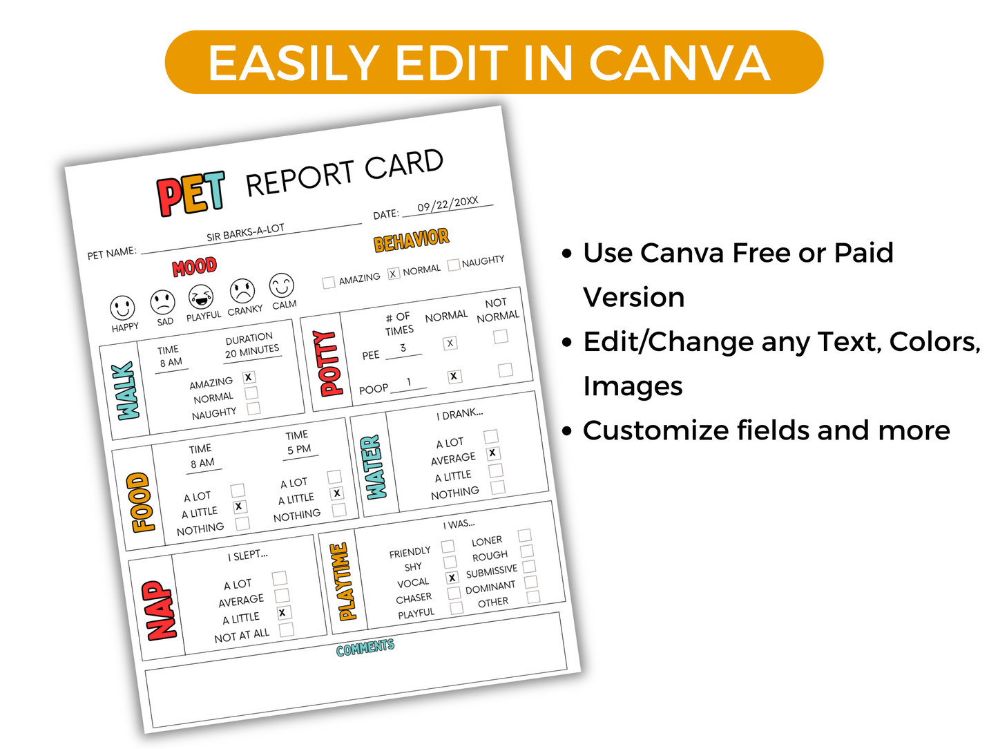 EDITABLE Pet Report Card