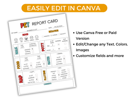 EDITABLE Pet Report Card