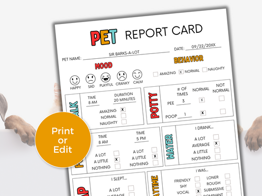 EDITABLE Pet Report Card