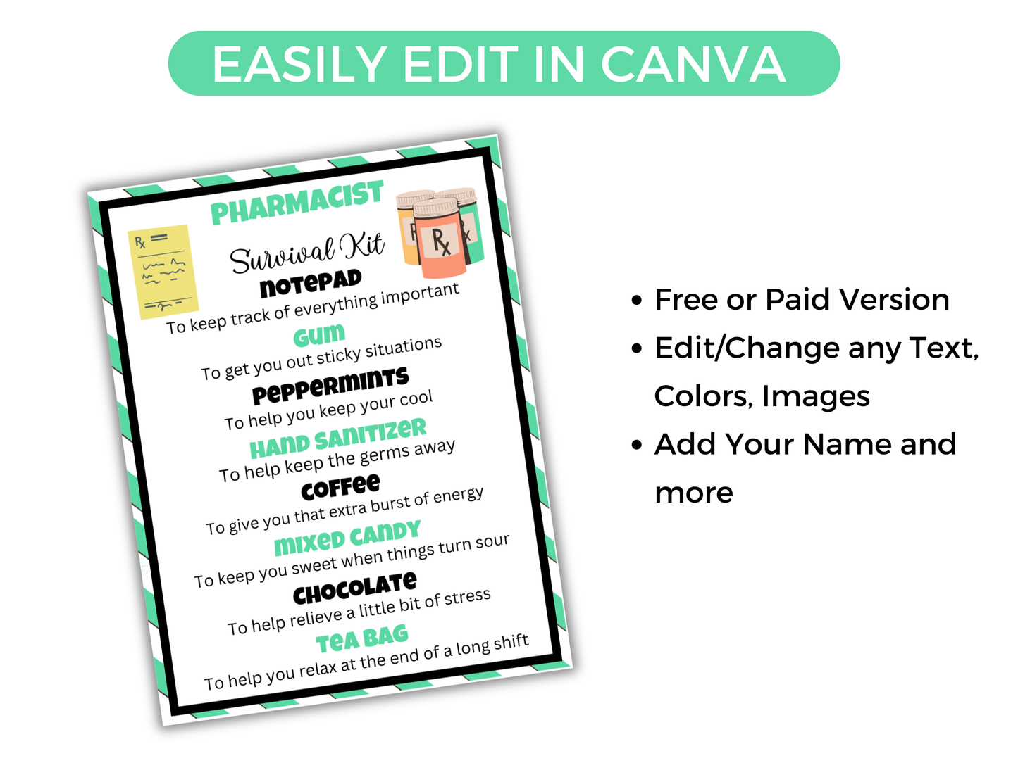 Editable Pharmacist Survival Kit Gift Tags