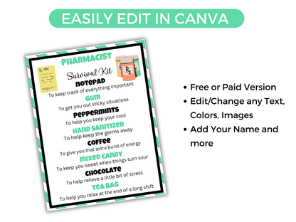 Editable Pharmacist Survival Kit Gift Tags