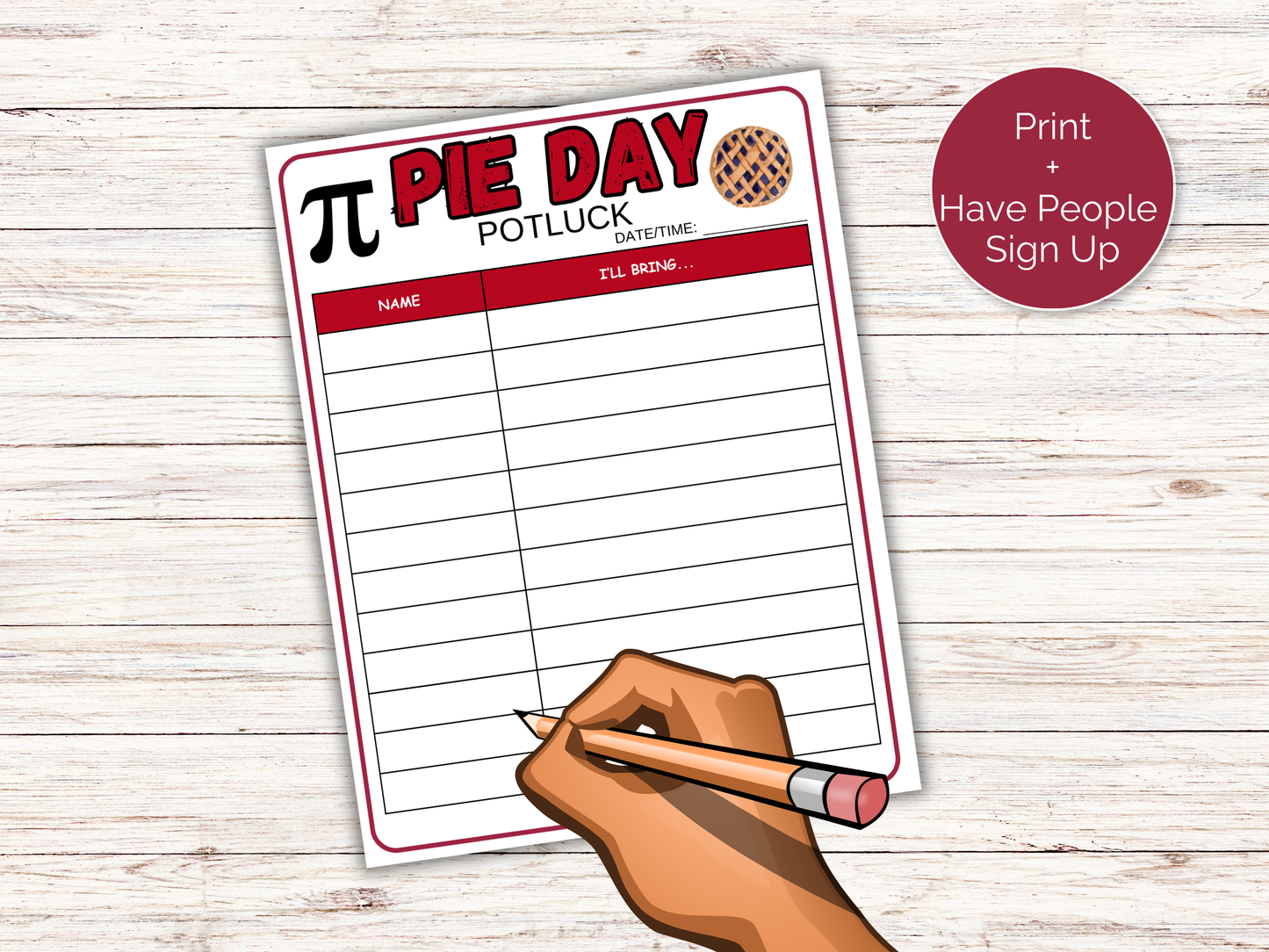 Pi Day Potluck Sign Up Sheet