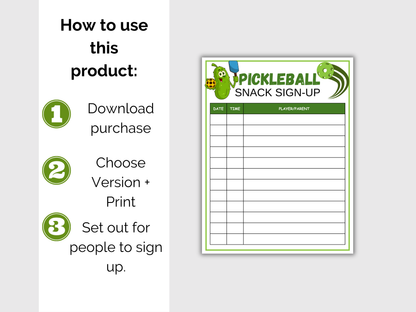 Pickleball Snack Sign Up Sheet