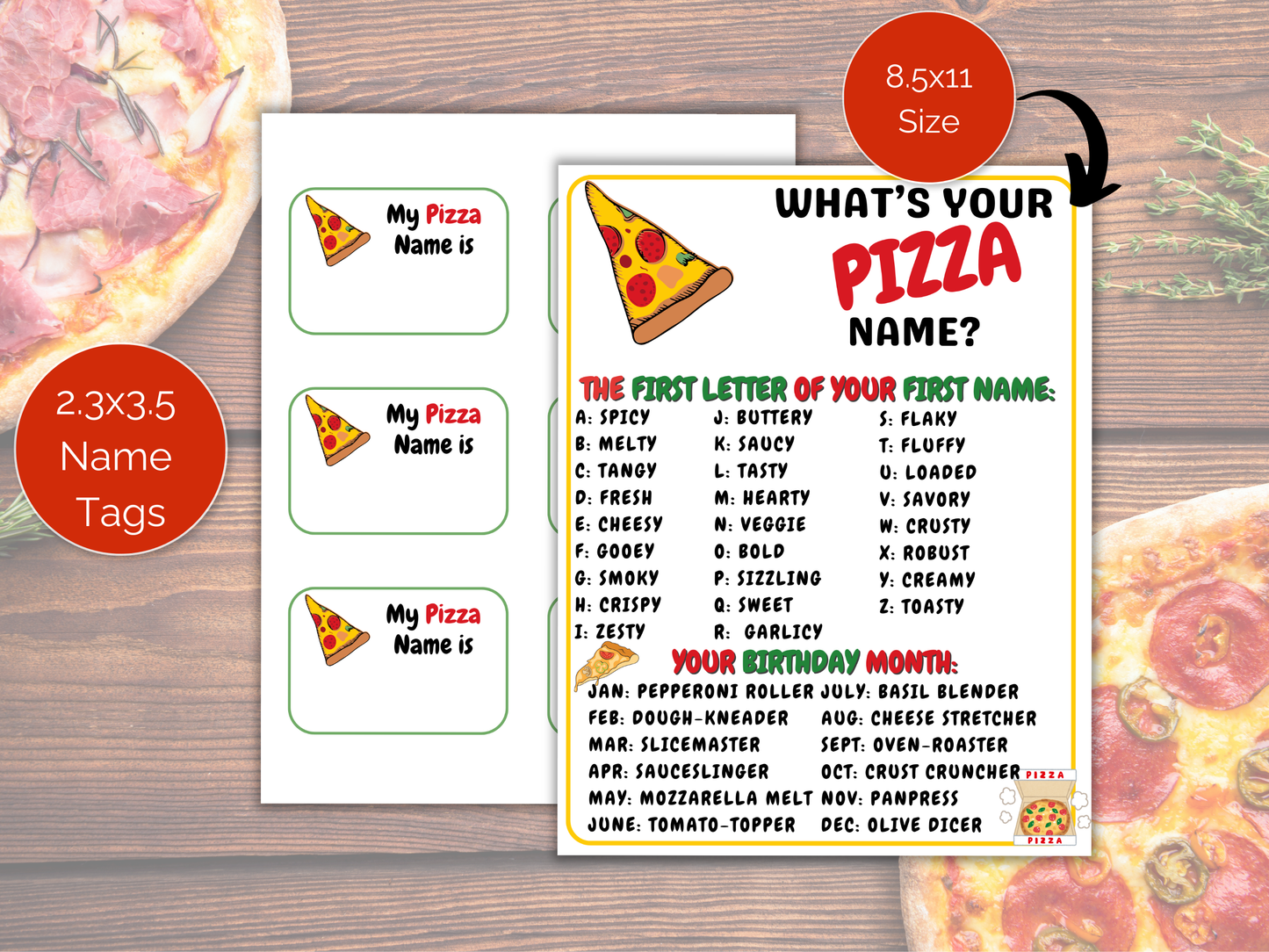 What's Your Pizza Name Game + Name Tags