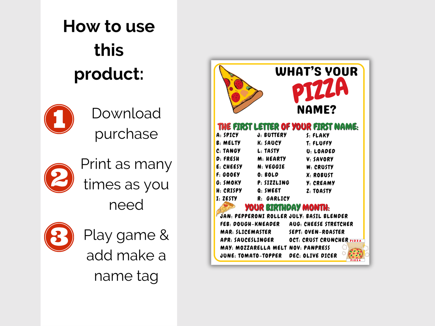 What's Your Pizza Name Game + Name Tags