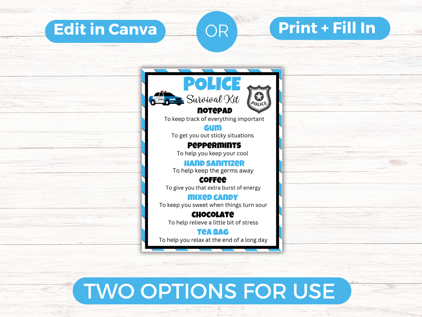Editable Police Officer Survival Kit Gift Tags