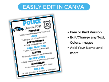 Editable Police Officer Survival Kit Gift Tags