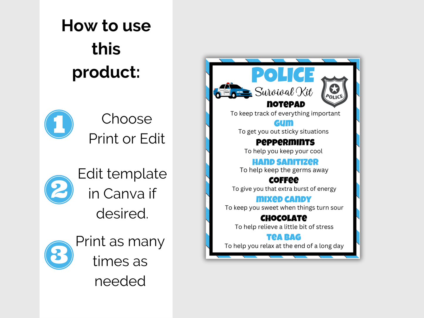 Editable Police Officer Survival Kit Gift Tags
