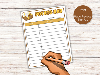Baked Potato Potluck Sign Up Sheet
