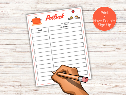 Potluck Sign Up Sheet