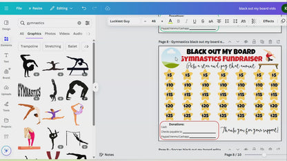 Editable Gymnastics Black Out My Board Fundraiser