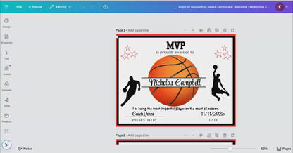 Editable Basketball Award Certificates