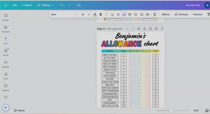Editable Weekly Allowance Chore Chart