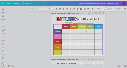 Editable Home Daycare Weekly Menu
