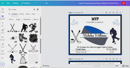 Editable Hockey Award Certificates