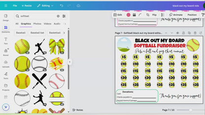Editable Softball Black Out My Board Fundraiser