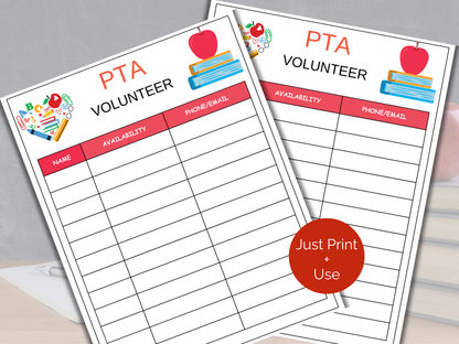 PTA Volunteer Sign Up Sheet