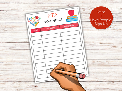 PTA Volunteer Sign Up Sheet