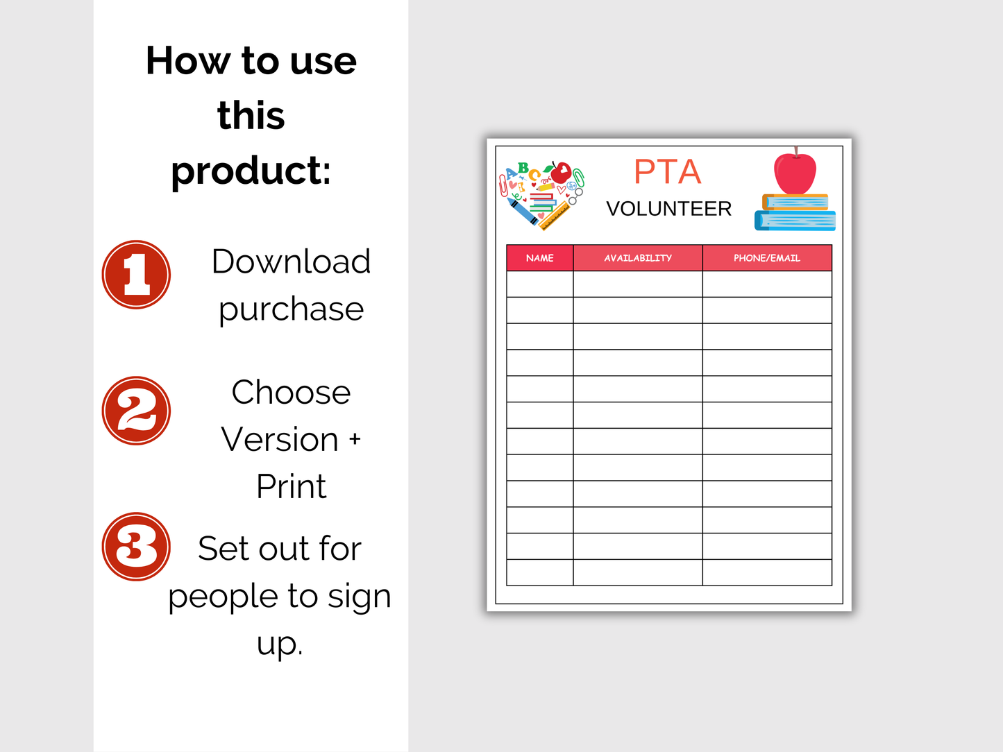PTA Volunteer Sign Up Sheet