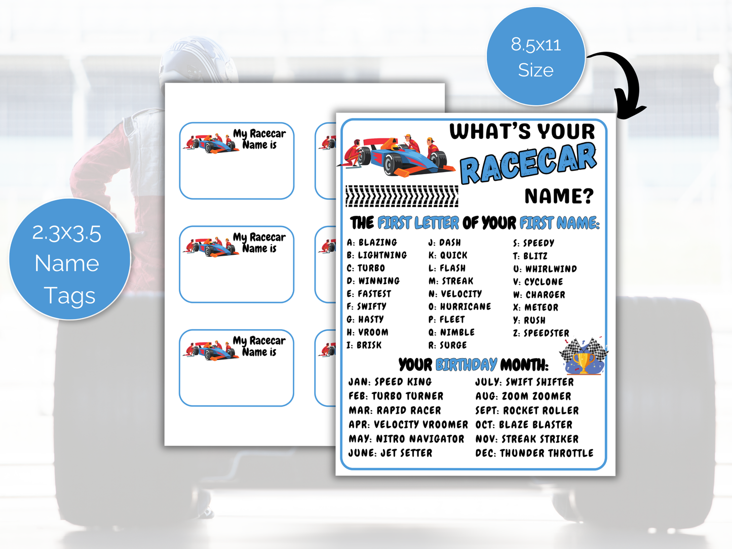 What's Your Race Car Name Game + Name Tags