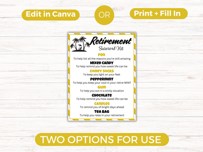 Editable Retirement Survival Kit Gift Tag