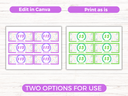 Editable Kids Reward Bucks