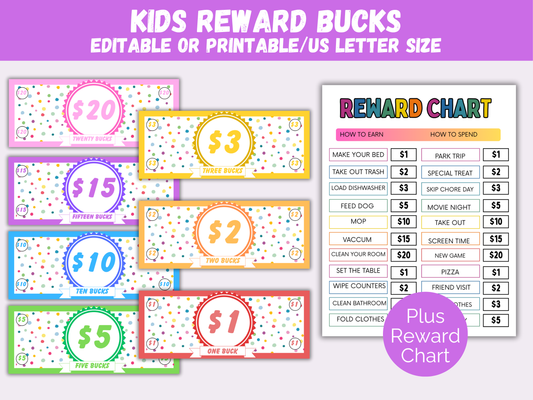 Editable Kids Reward Bucks