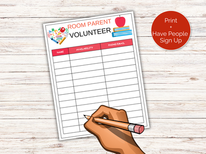 Room Parent Volunteer Sign Up Sheet