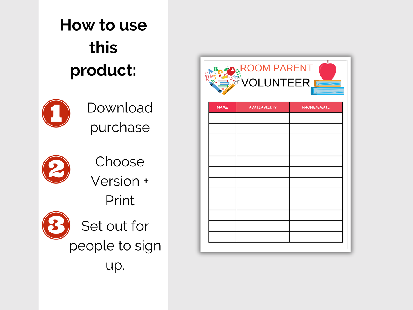 Room Parent Volunteer Sign Up Sheet