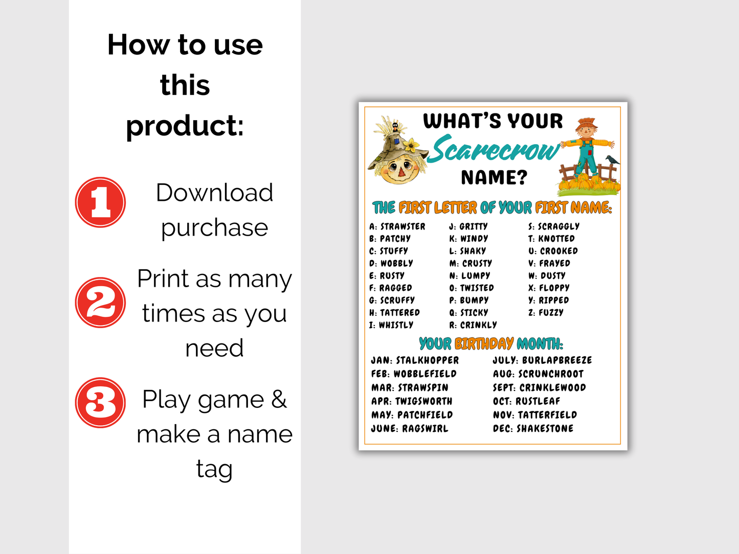 What's Your Scarecrow Name Game + Name Tags