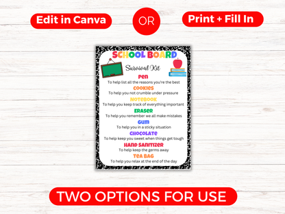 Editable School Board Survival Kit Gift Tags