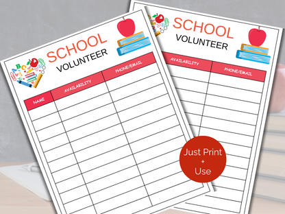 School Volunteer Sign Up Sheet