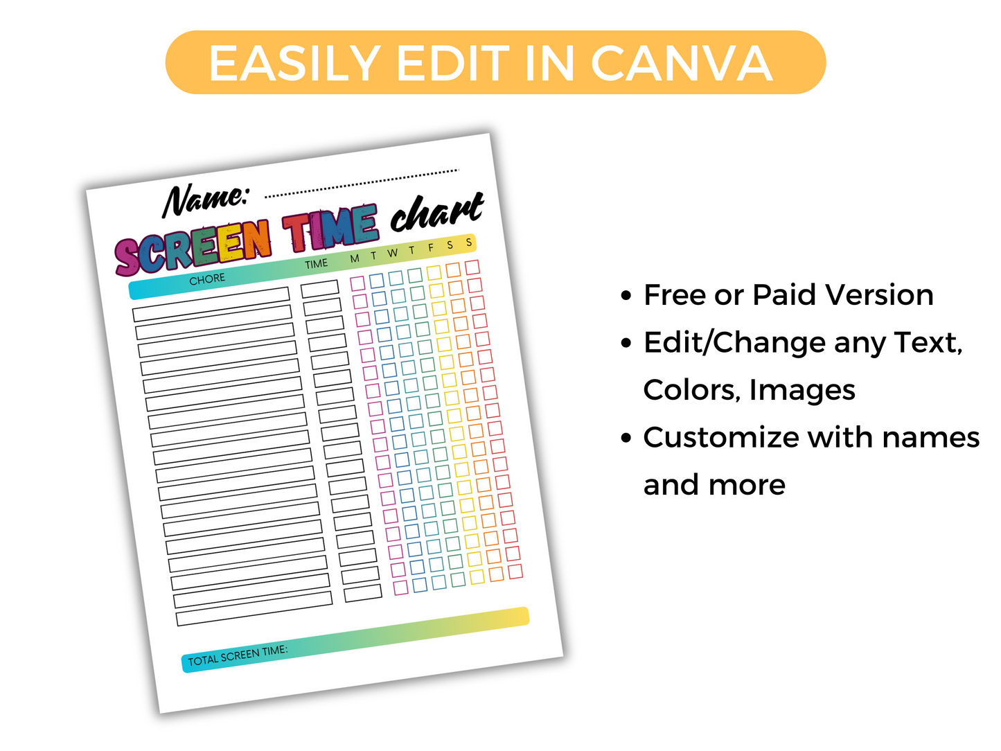 Editable Screen Time Checklist
