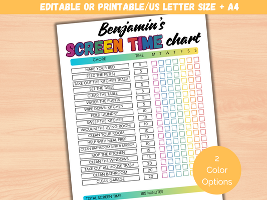 Editable Screen Time Checklist