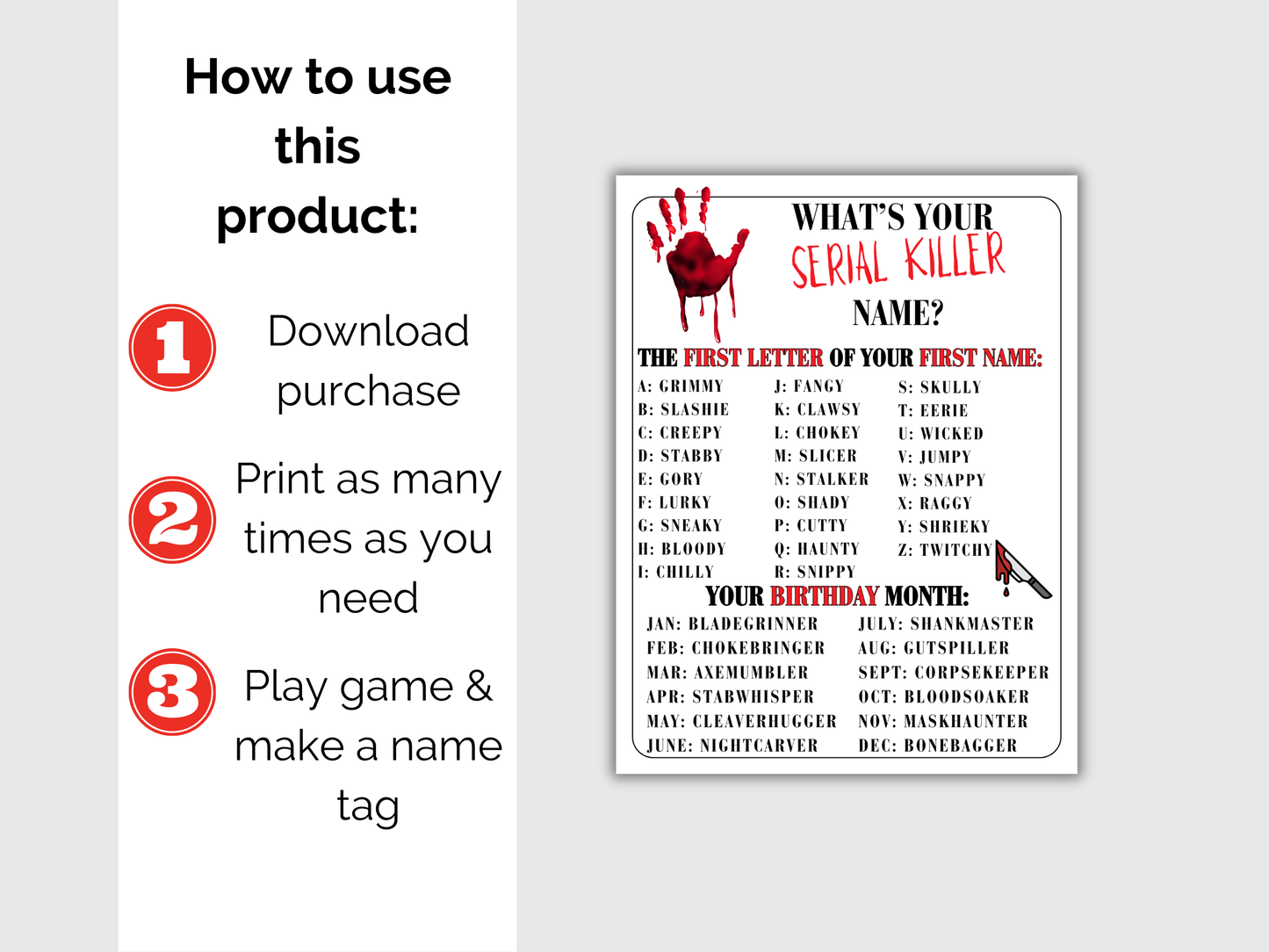 What's Your Serial Killer Name Game + Name Tags