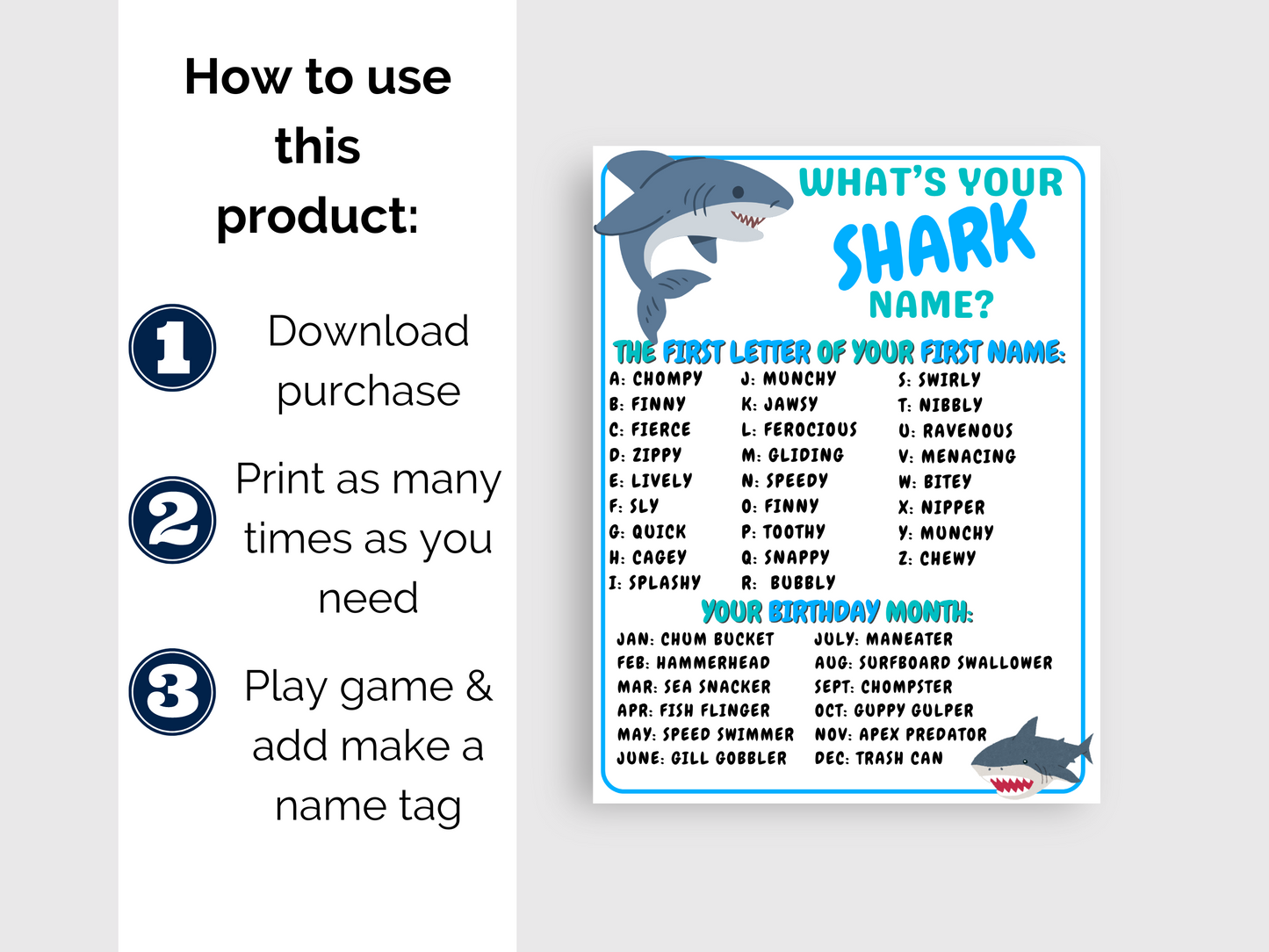 What's Your Shark Name Game + Name Tags