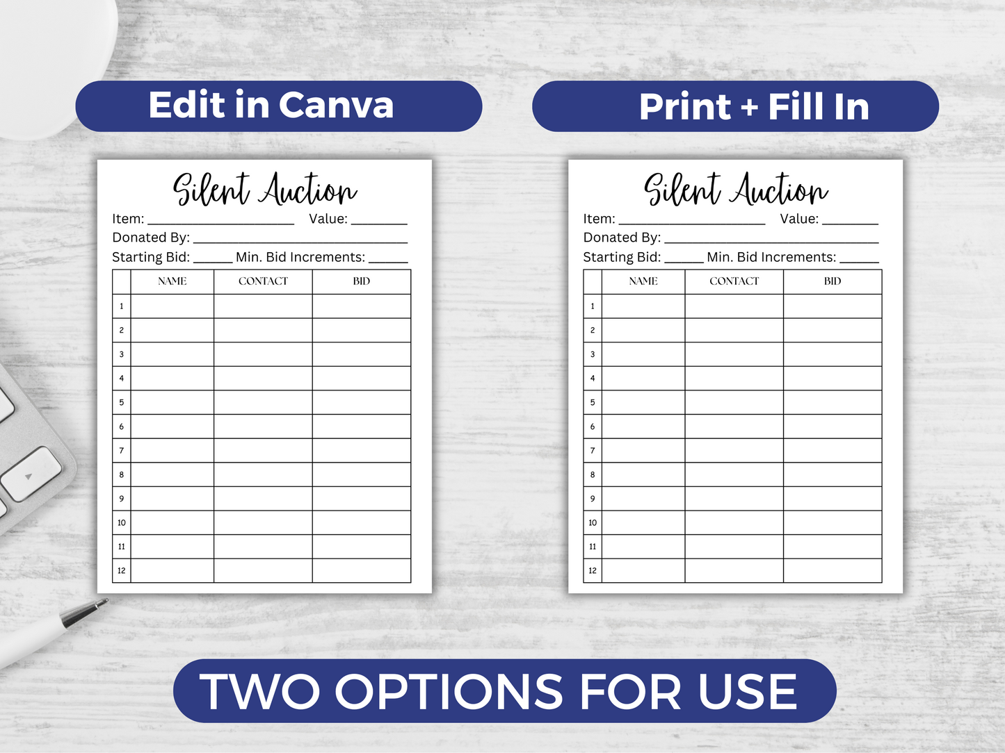 Editable Silent Auction Bid Sheet