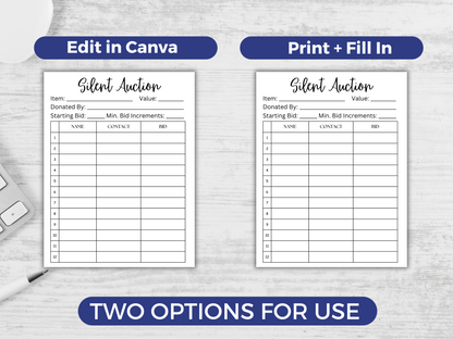 Editable Silent Auction Bid Sheet
