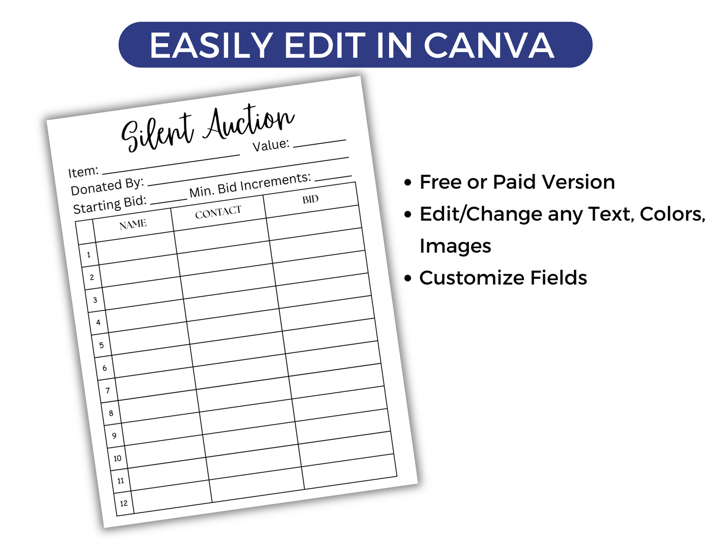 Editable Silent Auction Bid Sheet