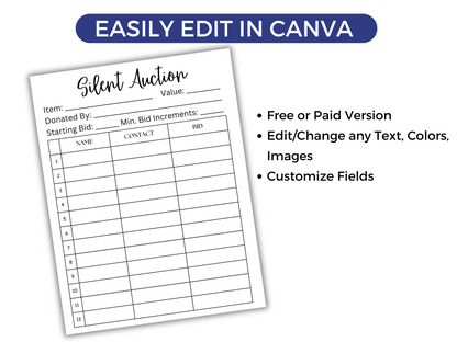 Editable Silent Auction Bid Sheet