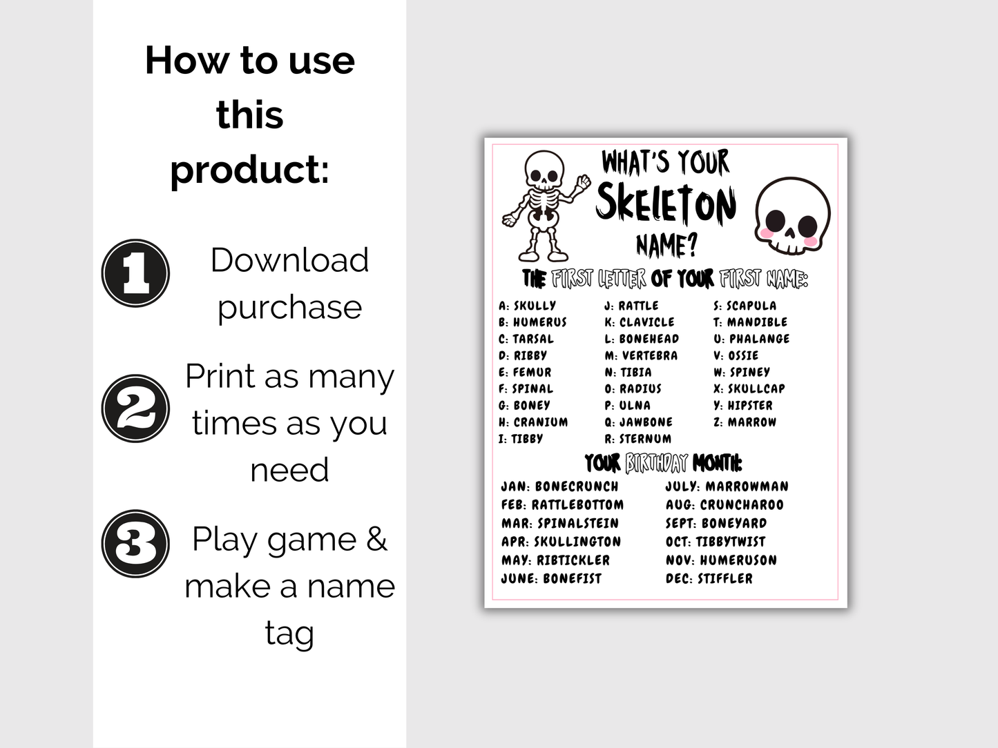 What's Your Skeleton Name Game + Name Tags
