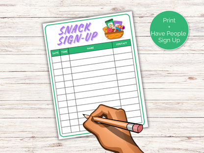 Snack Sign Up Sheet